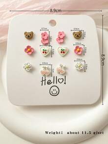 1 套桃花花卉粉色泰迪熊耳环 - 彩色 - 查看 7