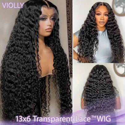  VIOLLY 200 Density 13x6 Large Area Transparent Lace Frontal Brazilian Virgin Human Blended Hair Wig With Baby Hair Can Free Styling 1B# Black Long Deep Wave Weaves Hair Wig Suitable To Wear On Daily Or Holiday Occasions Wig