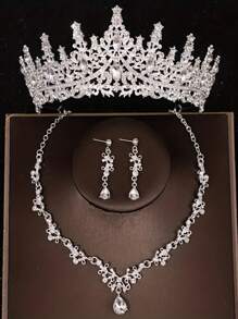 4 件套女士新娘婚礼金皇冠项链耳环精美婚礼派对配饰套装 - 生日派对、选美比赛、舞台表演、皇冠耳环、项链、头饰 - 銀色 - 查看 6