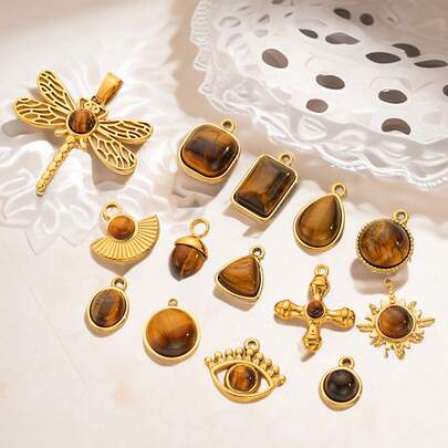 1pc Casual Style 304 Stainless Steel 18K Gold-Plated Multi-Element Tiger's Eye Sun Cross Protection Charm Pendant DIY Jewellery Making Materials Suitable For Women's Parties And Daily Life Wear