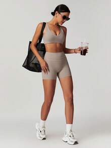 MASKERT Spring And Summer Women's Sports Suit, Vest Set, Fitness Set, Yoga Suit, Tight Fitting Running Exercise Set, High Elasticity Set, Comfortable And Skin Friendly For Home Leisure - Màu Khaki - Xem 5