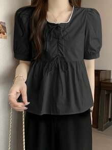 法式泡泡袖衬衫，少女学院风女式衬衫 - 黑色 - 查看 3