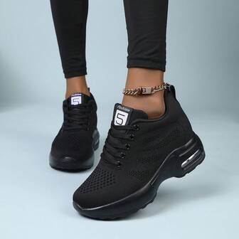 女士时尚厚底缓震运动鞋，织物鞋面，透气，舒适，纯色黑色，适合所有季节的工作和休闲穿着