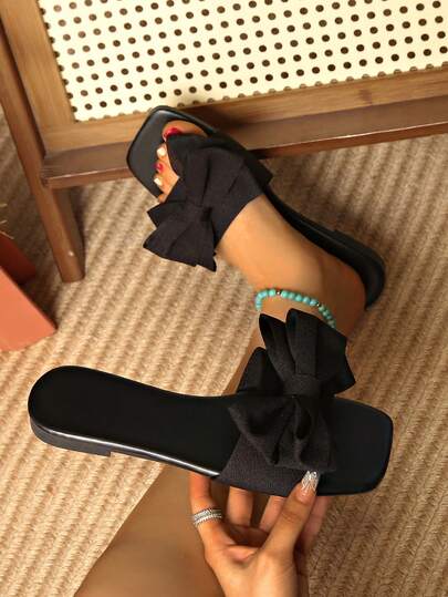 Wide Fit Plus Size Women Square Toe Flat Open Toe Butterfly Decor Casual Black Beach Sandals, Summer