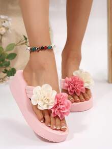 Dép đi biển đế dày chống trượt mùa hè màu hồng cho nữ, dép cao gót quai chữ T, thích hợp cho ngoài trời, trong nhà, bãi biển, đám cưới, kỳ nghỉ - Hoa màu hồng và trắng - Xem 4