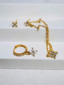 3件套精致迷你立方氧化锆耳环套装，女士立方氧化锆花朵耳骨耳环，时尚饰品，低过敏性14K镀金吊坠耳环，精致长链耳环，适合多个耳洞，女士及女孩配饰 - Gold-2# - 查看 3