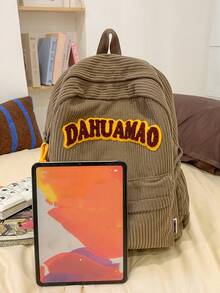 1 Pc New Style Girls' And Boys' Solid Color Letter Print Corduroy Backpack, Spacious Capacity, Adjustable Straps, Zipper Closure, Fashionable And Casual For School, Outdoor Activities, Travel, And Friend Gifts - A - View 8