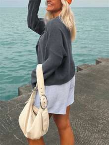 Women's Solid Color Knit Cardigan Fuzzy Long Sleeve Button-Front Closure Sweaters - Grey - View 6