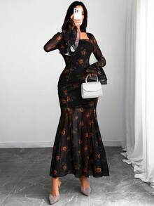 女式哥特式性感优雅玫瑰华丽花朵双袖修身美人鱼下摆双衬里连衣裙 - 彩色 - 查看 5