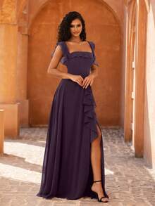 MOEVIO 女士优雅露肩荷叶袖A字高开衩伴娘婚礼宾客正式晚礼服，适合舞会、毕业典礼、返校节、节日、春秋等场合。 - 中紫紅色 - 查看 4