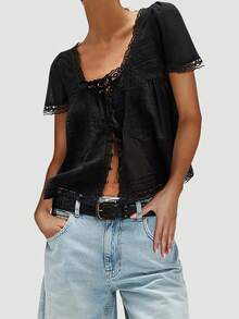 Women Tie Front Shirt Top Y2k Fairy Lace Trim Short Sleeve Bow Decor Crewneck Button Front Sheer Mesh T Shirts Blouses Loose Fit Boho Peplum Shirt Cardigan Summer Going Out Tops Beach Vacation Coquette Clothes - 黑色 - 查看 1
