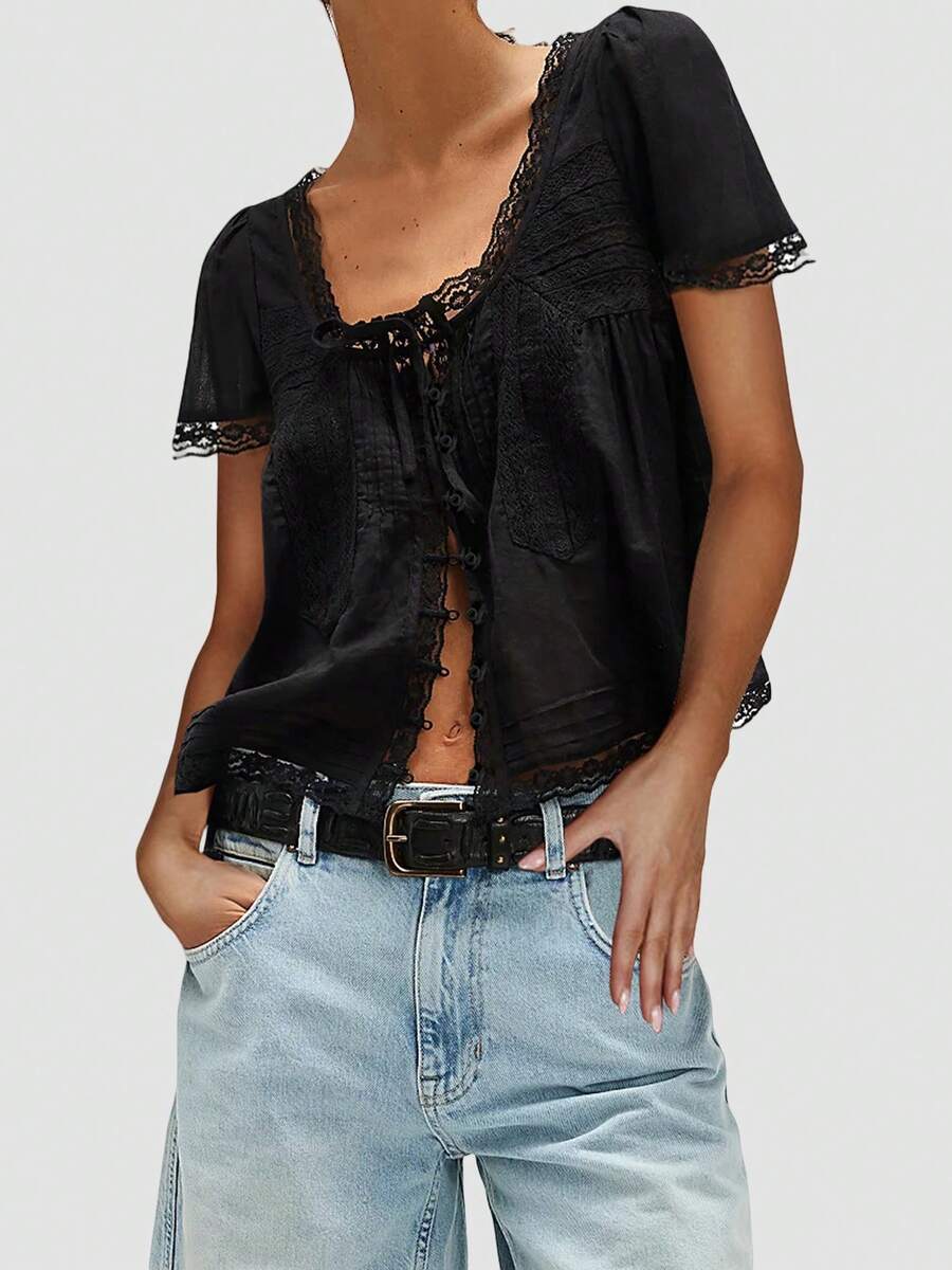 Women Tie Front Shirt Top Y2k Fairy Lace Trim Short Sleeve Bow Decor Crewneck Button Front Sheer Mesh T Shirts Blouses Loose Fit Boho Peplum Shirt Cardigan Summer Going Out Tops Beach Vacation Coquette Clothes - 黑色 - 查看 1