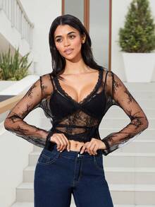 Omen's Y2K Long Sleeve Sheer Mesh Top Deep V Neck Embroidery Floral Lace Top See Through Going Out Crop Tops - Black - View 5