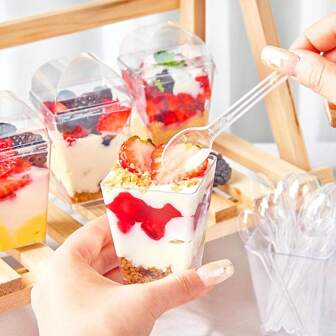25/50/100pcs 5 Oz Plastic Dessert Cups , Yogurt Parfait For Party Appetizers, Mini Desserts, Mousse, Pudding, Fruit, Jelly Cheesecake And Ice Cream Square Plastic Cup Cheese Cake Cup