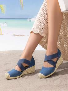 Women's Close Toe Espadrilles Platform Slip On Elastic  Cross Straps Dressy Wedges Sandals Matching Dress - 藍色 - 查看 2