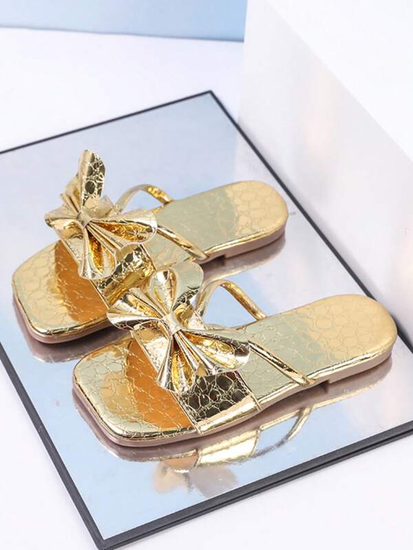 1 Pair Girls Fashion Shiny Bowknot Lightweight Breathable Anti-Slip Open Toe Sandals, Slip-On Home/Beach Slides