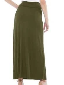 Maxi Length High Waist Foldable Waistband Solid Skirt  Plain  Casual  Elegant  Knitted Fabric        Home  Office  Street  Daily - 橄欖綠 - 查看 3