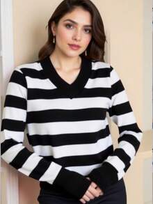 TRICOZHU Knitted Long Sleeve Striped Blouse V-Neck Striped V-Neck Blouse Polyester With Elastane Ribbed Collar And Cuff ONE SIZE 36-44 - 黑色 - 查看 2