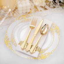 200pcs Transparent Gold Palace Style Plastic Gold Tableware Set, Suitable For 25 Guests, Including 25 Dinner Plates, 25 Dim Sum Plates, 75 Knives, Forks, Spoons, 25 Cups, 25 Napkins And 25 Straws. Very Suitable For Weddings And Parties - Vàng trong suốt - Xem 5