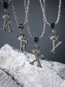 1 件不锈钢复古皇冠水钻首字母 A-Z 男女通用幸运项链，适合派对、日常佩戴、情人节、母亲节、父亲节等节日礼物 - 金色 - 查看 4