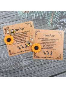 Llavero con diseño alegre y elegante de girasol y abeja, con tarjeta de regalo - Aleación, diseño de dibujos animados/plantas/fiesta - Regalos ideales para maestros en graduaciones y ocasiones especiales, regalos de aprecio