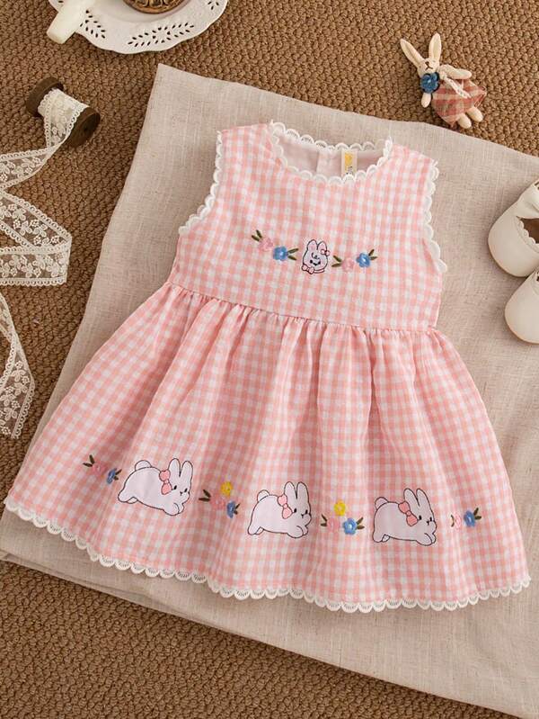 Vestido sin mangas con bordado de conejo de dibujos animados y cuadros para niña bebé en verano, vestido mini lindo con adorno floral para niñas pequeñas