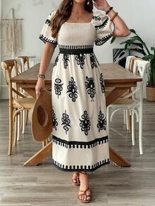 Plus Size Printed Dress, Elegant Waist Design, Flattering, Vacation Vibe - Apricot - View 4