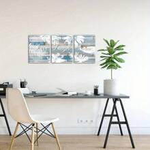 Pintura de lienzo con hojas tropicales para decoración de pared, baño con diseño azul y blanco, cuadros con estampado de hojas de plantas, cartel con letrero "Live Laugh Love", juego de 3 piezas enmarcado para crear un ambiente elegante