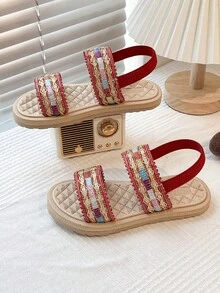 1双适合3-12岁女孩的串珠凉鞋 | 闪亮的彩色设计和红色绑带 | 柔软舒适的夏季儿童鞋，时尚活泼的休闲鞋 | 户外海滩度假派对