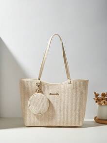 2-Piece Set: Fashionable Straw Tote Bag & Shoulder Bag - Beige - View 1