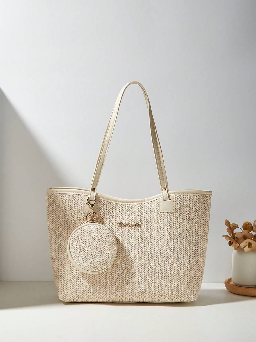 2-Piece Set: Fashionable Straw Tote Bag & Shoulder Bag - Beige - View 1