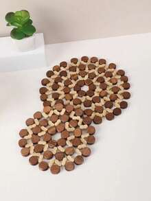 1pc Hollow Out Round Potholder, Boho Bamboo Insulation Pad For Dinner Table, Desk - Multicolor - View 5