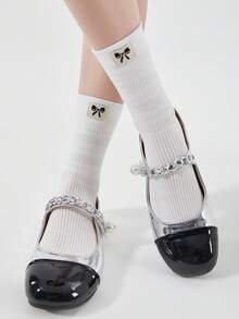 1 Pair Women's Lightweight Breathable Mesh Hollow-Out Solid Color Cute Sweet Bow Accent Decorative Socks, Fashionable Ins Style School Girl Socks, Suitable For Daily Wear - Multicolor - View 2