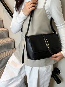 时尚休闲纯色方形翻盖挎包（不含配件），适合大学/学院课堂、通勤、工作、办公室、节日、假日、聚会、旅行，专为女性设计 - 适合职业女性、白领、青少年、大学生和年轻女孩 - 黑色 - 查看 8