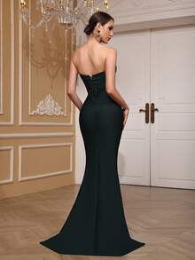 Girsdy 橄榄绿春夏优雅针织无肩带高端正式礼服，手工串珠和水钻装饰，修身性感露背美人鱼长裙，适合晚宴、舞会、毕业典礼等场合。 - 墨綠色 - 查看 4