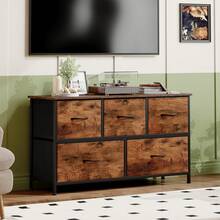 Somdot Nightstand Dresser With 5 Drawers Chest Of Vertical Fabric Storage Cabinet Dresser For Bedroom Office Laundry Closet Entryway Hallway Nursery Room - 紅木色 - 查看 2