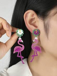 1 对可爱设计粉色火烈鸟龟背竹叶形耳坠，适合女士女孩派对节日风格配饰珠宝 - 彩色 - 查看 1