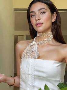 Layered White Lace Bow Waxed Cord Waist Belt, Ribbon Hair Band, Collor Neckband, Versatile For Spring/Summer - Ribbon - View 4