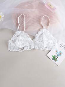 Aofeiqike Sexy Sheer Deep V Lace Wireless Bra Set With Open Back, Breathable & Elegant Lingerie For Women - White - View 2