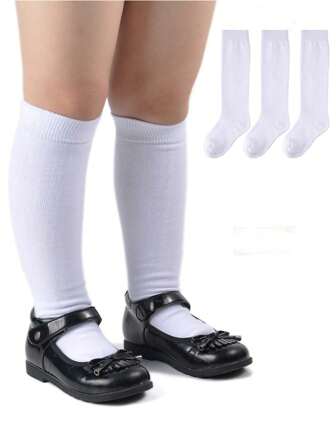 3双白色儿童长筒及膝袜男童女童青少年学生返校制服袜啦啦队派对表演袜原宿JK学院风