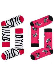 2 Pairs Zebra Pattern Mid-Calf Socks, Couples Socks For All Seasons - Multicolor - View 1