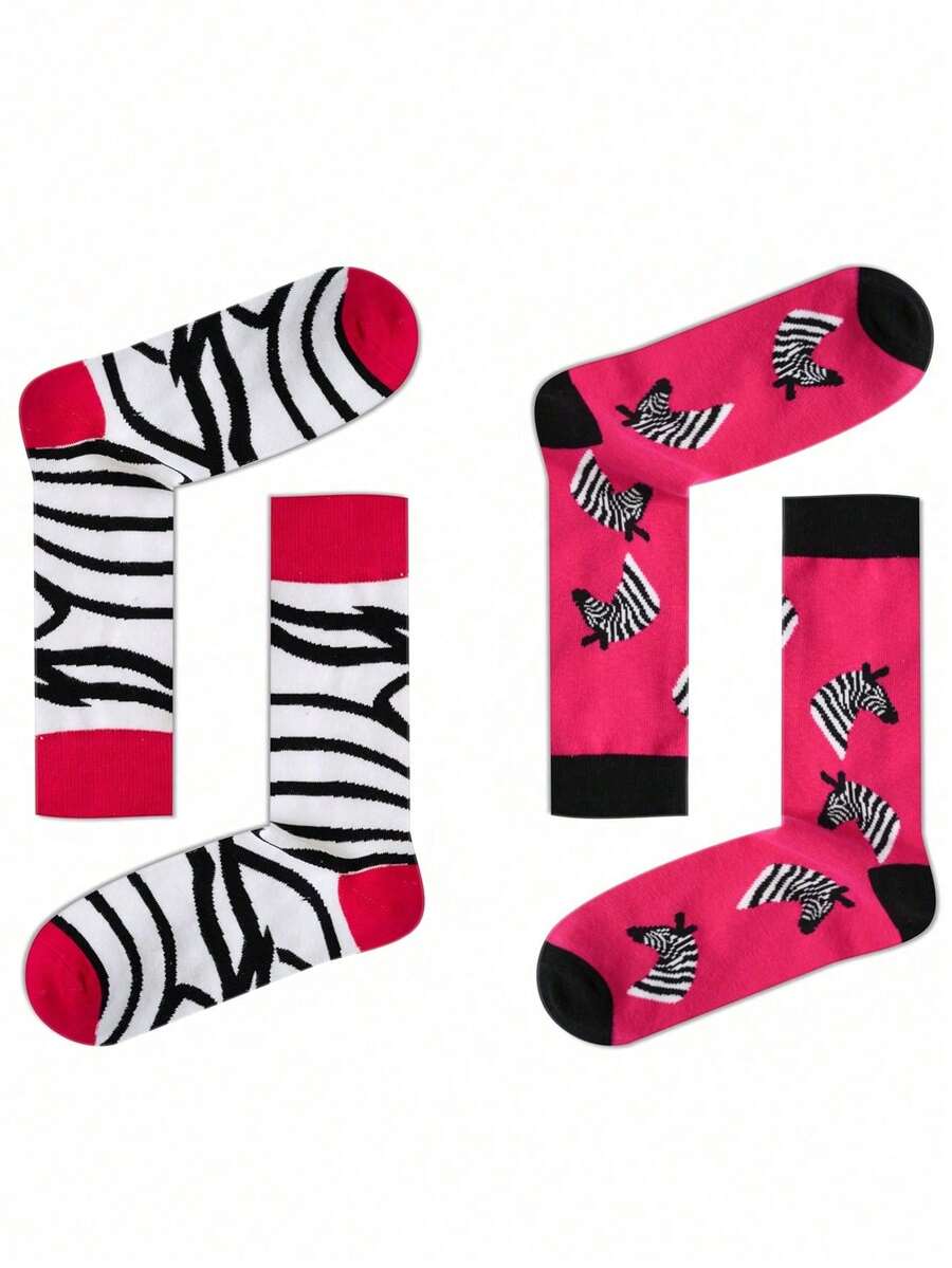 2 Pairs Zebra Pattern Mid-Calf Socks, Couples Socks For All Seasons - Multicolor - View 1