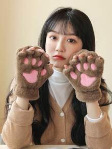 1 Pair Cute Cat Paw Fingerless Gloves, Plush Half-Finger Gloves, Warm & Cold-Resistant, Suitable For Girls Daily Use In Winter (With Rope) - Multicolor - View 3