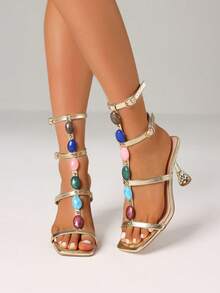 Women's High Heels Sandals Fashion Beaded Ankle Strap Open Toe Party Dress Sexy Sculptural Heels Summer Sandals Woman - 金A - 查看 5