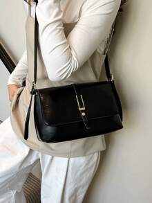 时尚休闲纯色方形翻盖挎包（不含配件），适合大学/学院课堂、通勤、工作、办公室、节日、假日、聚会、旅行，专为女性设计 - 适合职业女性、白领、青少年、大学生和年轻女孩 - 黑色 - 查看 10