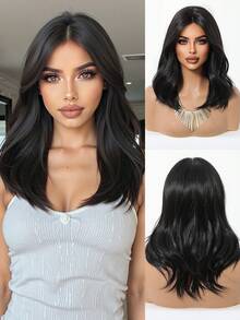 16英寸自然黑色刘海中长卷发合成耐热纤维假发，适合女性日常佩戴、派对、母亲节、音乐节等场合。 - 自然黑 - 查看 3