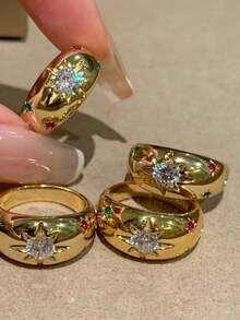 1 件巴洛克风格奢华锆石星形圆顶戒指，适合女士 - 金色 - 查看 4