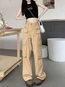 女士卡其色工装裤，新款休闲直筒复古棕色长裤，春秋