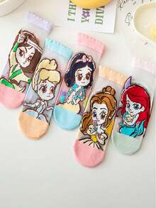 1/5 Pairs,  Princess Cartoon Pattern, Children's Socks, Cute Style, Mesh Breathable Material, Elastic Sock Cuff Design, Comfortable And Not Tight, Sweat-Absorbent And Breathable, Girls' Socks, Suitable For Daily Use, Travel, Leisure And Other Scenes In Spring