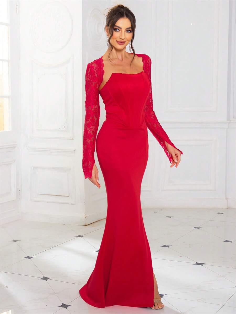 Elegant Sexy Backless Split Fishtail Hem Evening Dress, Party, Graduation, Weddings, Formal Events, Spring/Summer/Autumn - Red - View 1